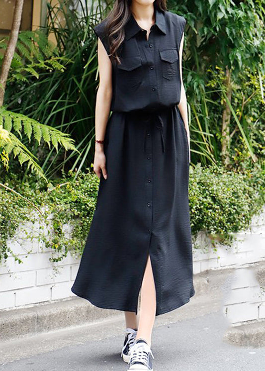 Solid Drawstring Waist Pocket Button Front Maxi Cargo Dress Black LC0025 - fabuloryshop