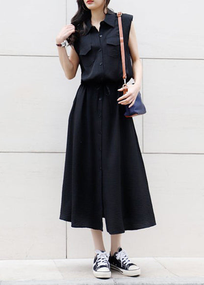 Solid Drawstring Waist Pocket Button Front Maxi Cargo Dress Black LC0025 - fabuloryshop