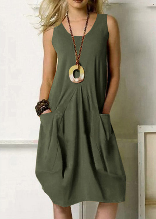 Solid Pocket Army Green Crew Neck Tank Top Dress LY3873 - fabuloryshop