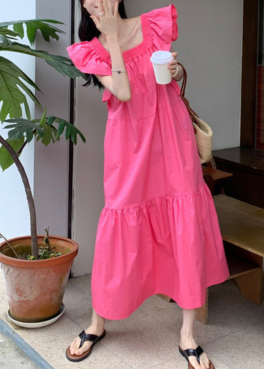 Solid Ruffle Backless Square Collar Casual Maxi Dress Pink LC0037 - fabuloryshop