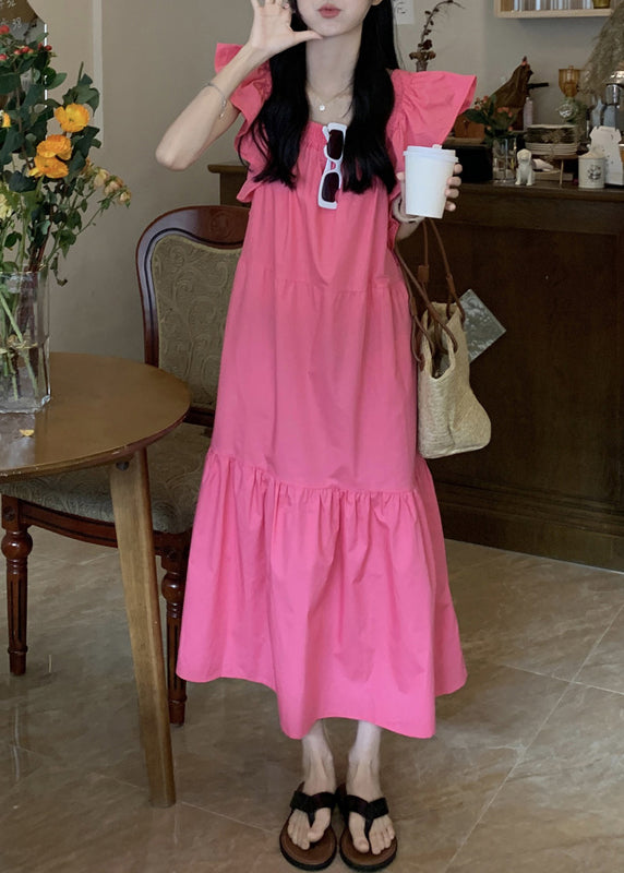 Solid Ruffle Backless Square Collar Casual Maxi Dress Pink LC0037 - fabuloryshop