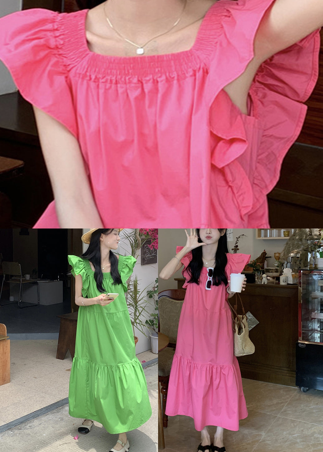 Solid Ruffle Backless Square Collar Casual Maxi Dress Pink LC0037
