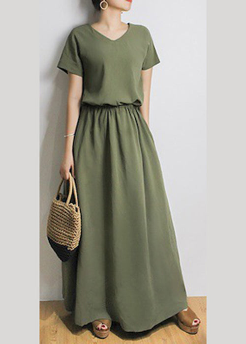 Solid Sash Elastic Waist Short Sleeve Casual Maxi Dress Green LC0023 - fabuloryshop