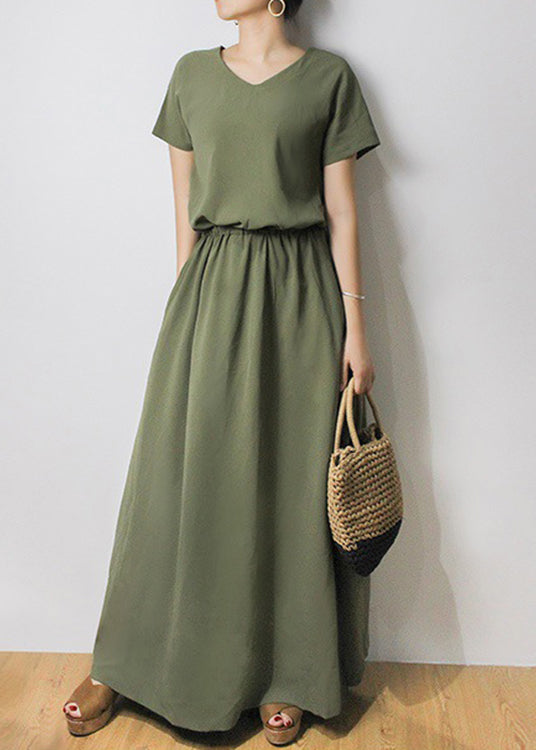 Solid Sash Elastic Waist Short Sleeve Casual Maxi Dress Green LC0023 - fabuloryshop