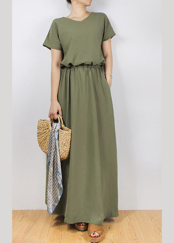 Solid Sash Elastic Waist Short Sleeve Casual Maxi Dress Green LC0023 - fabuloryshop