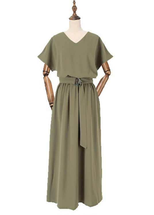 Solid Sash Elastic Waist Short Sleeve Casual Maxi Dress Green LC0023