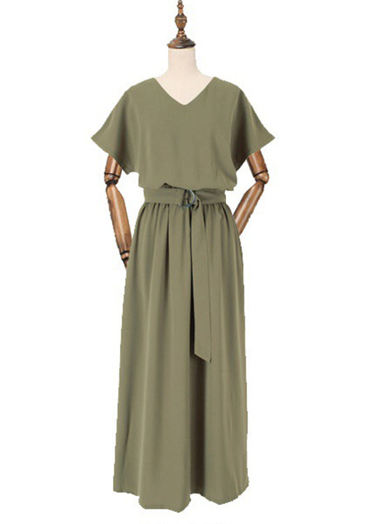 Solid Sash Elastic Waist Short Sleeve Casual Maxi Dress Green LC0023 - fabuloryshop