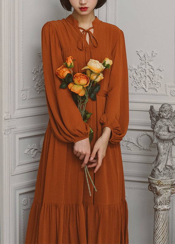 Solid Slit Tie Front Long Sleeve V Neck Casual Dress Caramel LC0028