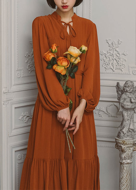 Solid Slit Tie Front Long Sleeve V Neck Casual Dress Caramel LC0028 - fabuloryshop