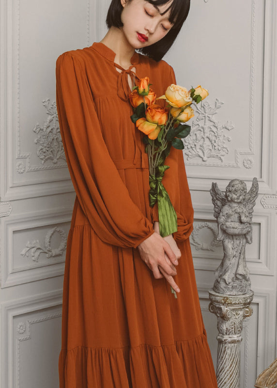 Solid Slit Tie Front Long Sleeve V Neck Casual Dress Caramel LC0028