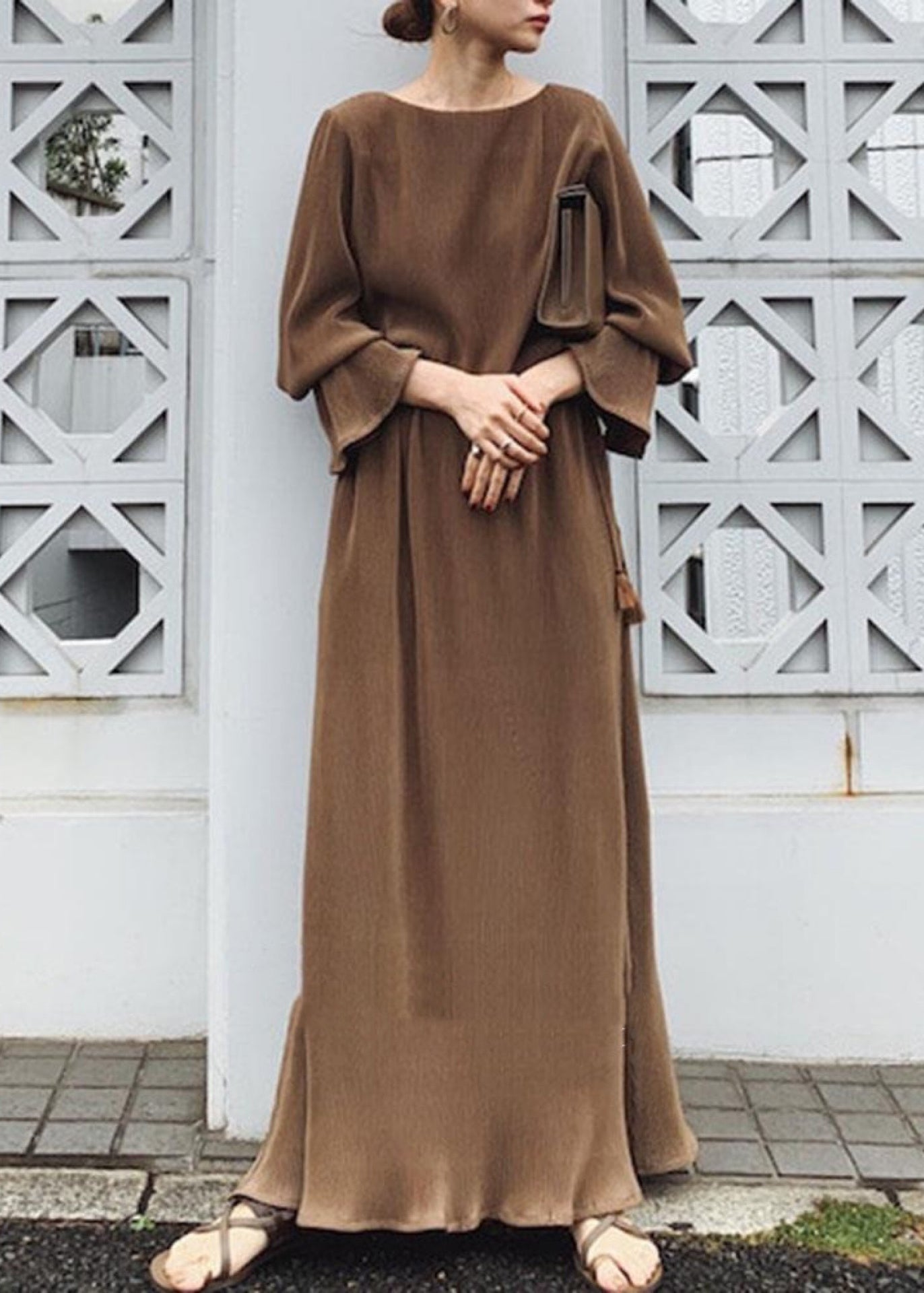 Solid Split Long Sleeve Round Neck Casual Maxi Dress Chocolate LC0024 - fabuloryshop