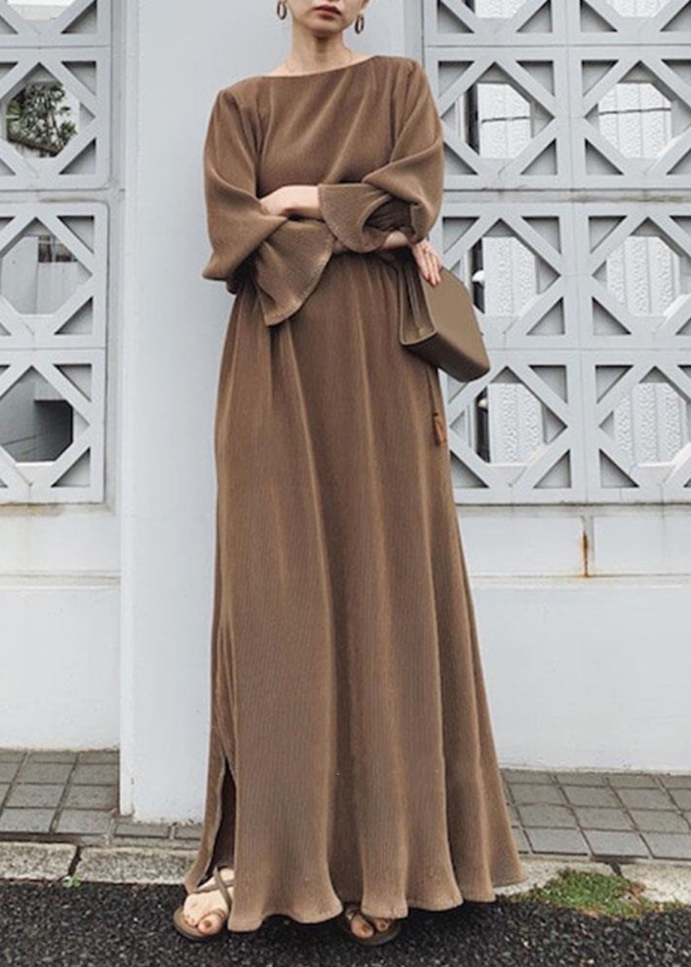 Solid Split Long Sleeve Round Neck Casual Maxi Dress Chocolate LC0024 - fabuloryshop