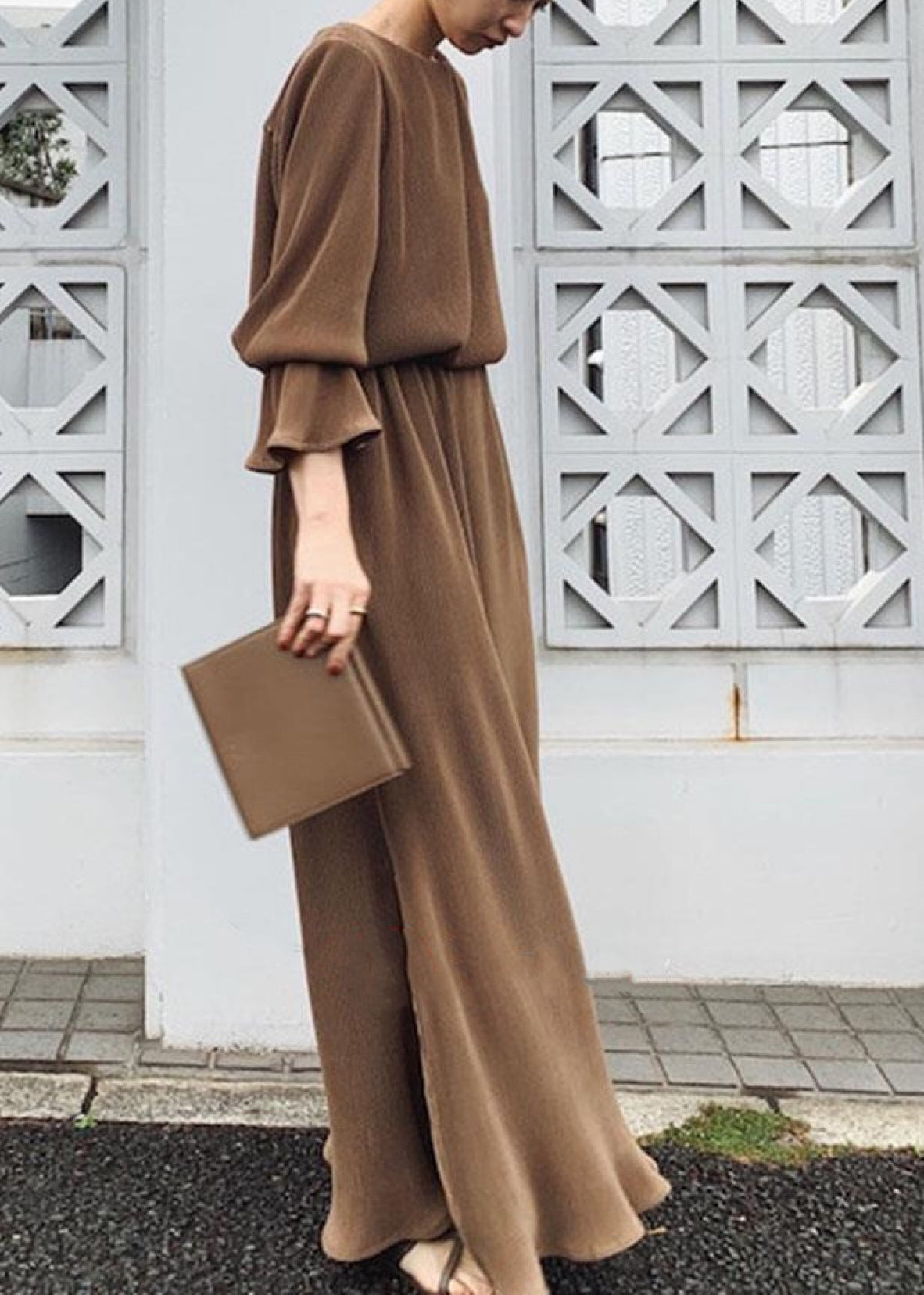 Solid Split Long Sleeve Round Neck Casual Maxi Dress Chocolate LC0024