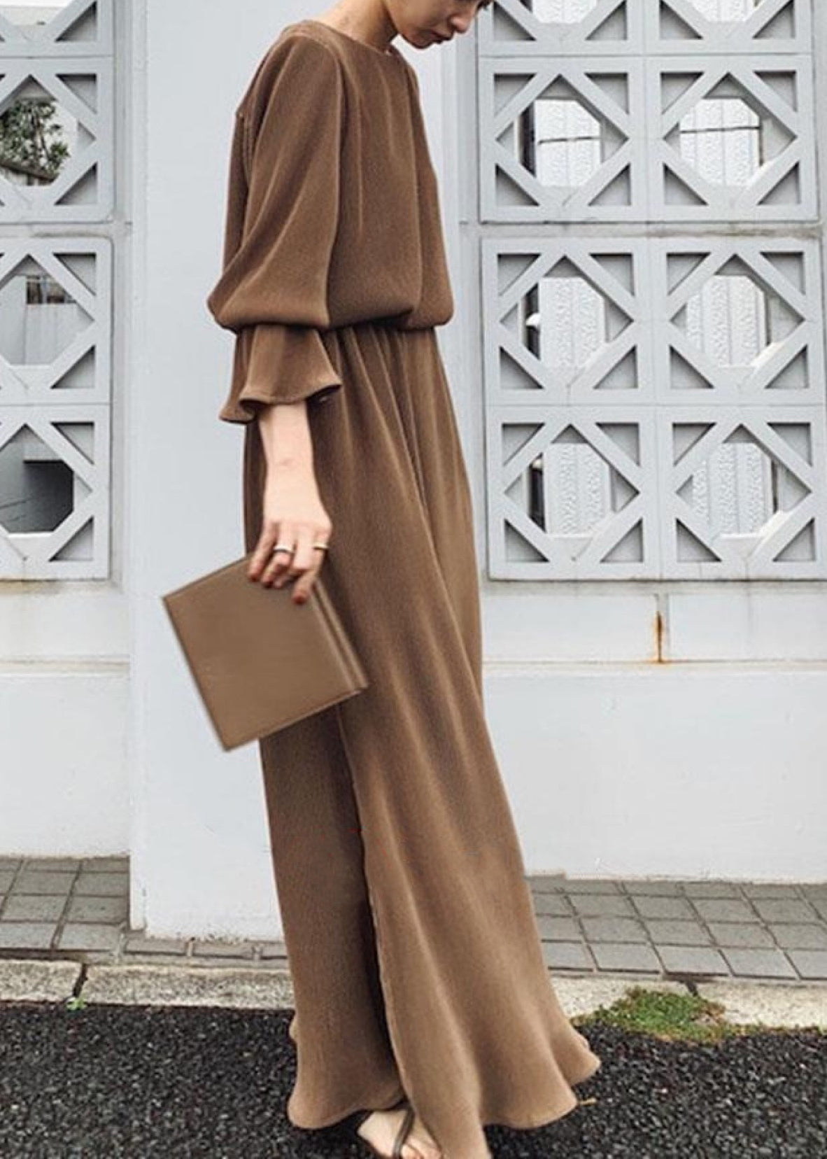 Solid Split Long Sleeve Round Neck Casual Maxi Dress Chocolate LC0024 - fabuloryshop