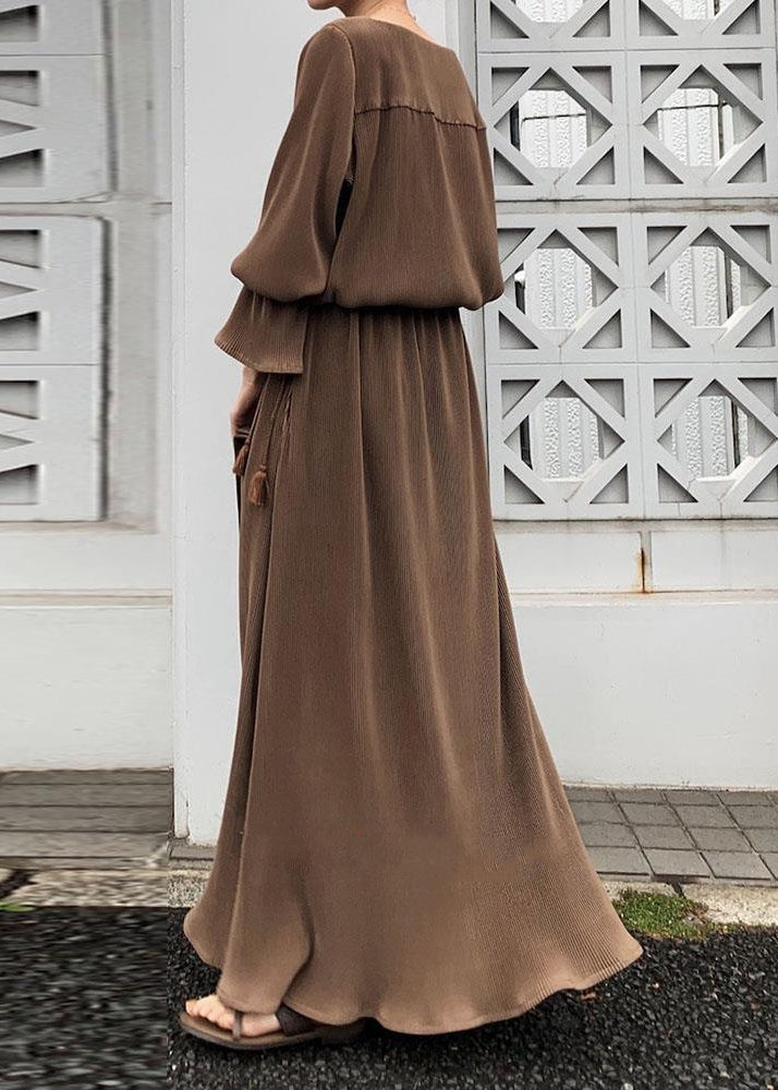 Solid Split Long Sleeve Round Neck Casual Maxi Dress Chocolate LC0024