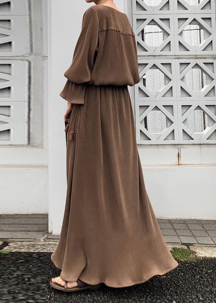 Solid Split Long Sleeve Round Neck Casual Maxi Dress Chocolate LC0024 - fabuloryshop