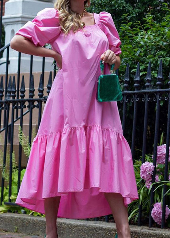 Square Neck Solid Color Puff Sleeve Ruffles Hem Casual Maxi Dress For Women Rose LC0033 - fabuloryshop