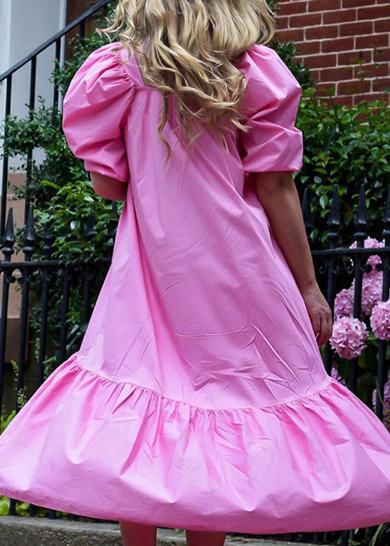 Square Neck Solid Color Puff Sleeve Ruffles Hem Casual Maxi Dress For Women Rose LC0033 - fabuloryshop