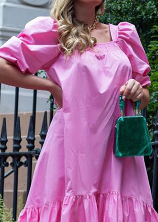 Square Neck Solid Color Puff Sleeve Ruffles Hem Casual Maxi Dress For Women Rose LC0033 - fabuloryshop