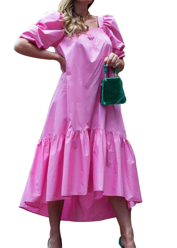 Square Neck Solid Color Puff Sleeve Ruffles Hem Casual Maxi Dress For Women Rose LC0033 - fabuloryshop