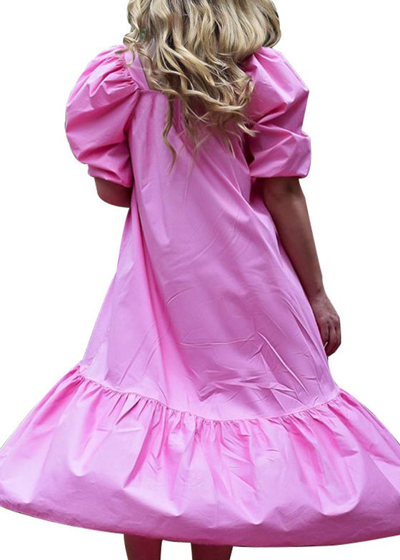Square Neck Solid Color Puff Sleeve Ruffles Hem Casual Maxi Dress For Women Rose LC0033 - fabuloryshop