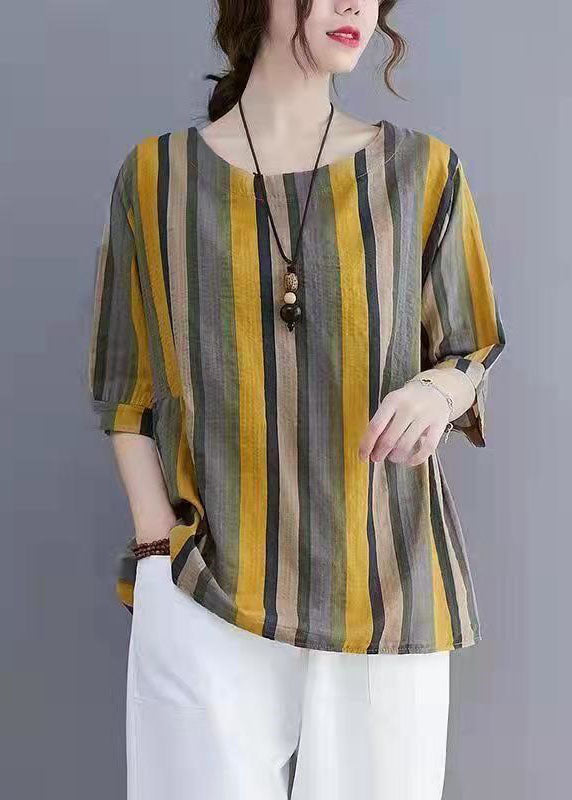 Striped Patchwork Linen T Shirt Tops O Neck Short Sleeve LY4136 - fabuloryshop