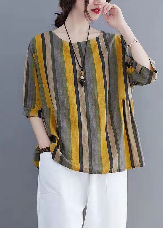 Striped Patchwork Linen T Shirt Tops O Neck Short Sleeve LY4136 - fabuloryshop