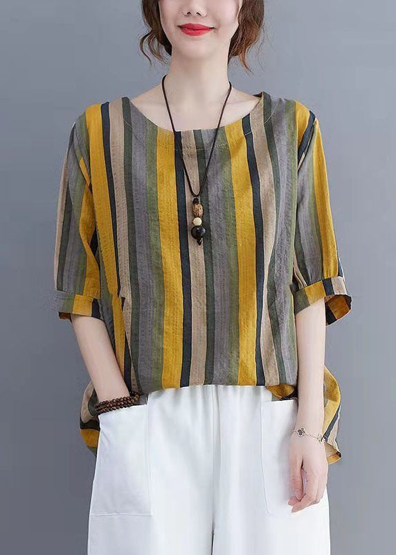 Striped Patchwork Linen T Shirt Tops O Neck Short Sleeve LY4136 - fabuloryshop