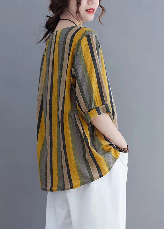 Striped Patchwork Linen T Shirt Tops O Neck Short Sleeve LY4136 - fabuloryshop