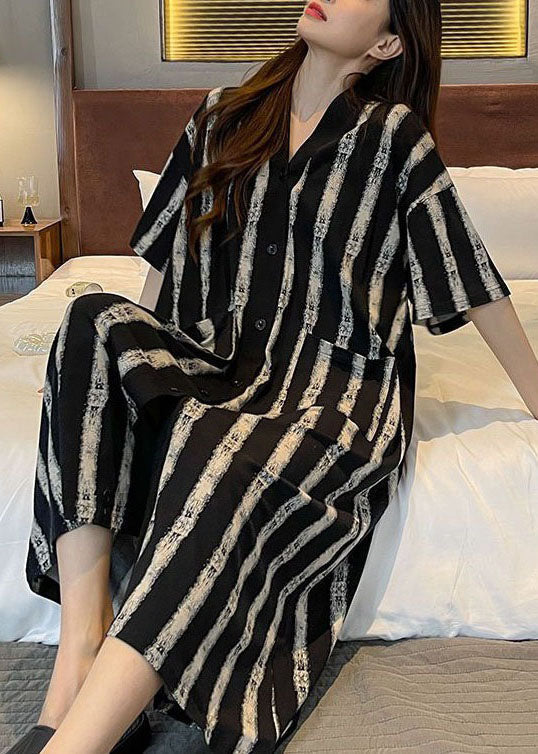 Striped Pockets Patchwork Cotton Pajamas Dress V Neck Summer LY2800