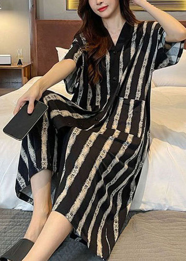 Striped Pockets Patchwork Cotton Pajamas Dress V Neck Summer LY2800 - fabuloryshop