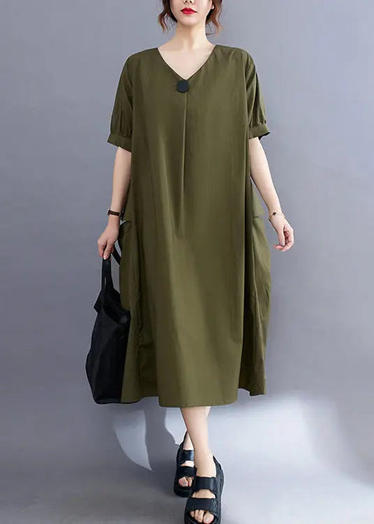 Style Army Green V Neck Pockets Cotton Long Dresses Summer Ada Fashion