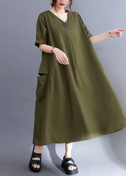 Style Army Green V Neck Pockets Cotton Maxi Dress Summer LY2367 - fabuloryshop