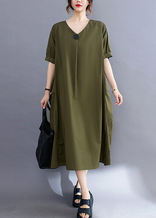 Style Army Green V Neck Pockets Cotton Maxi Dress Summer LY2367