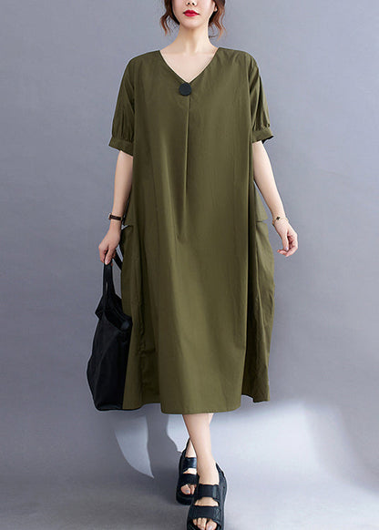 Style Army Green V Neck Pockets Cotton Maxi Dress Summer LY2367 - fabuloryshop