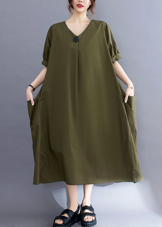 Style Army Green V Neck Pockets Cotton Maxi Dress Summer LY2367 - fabuloryshop