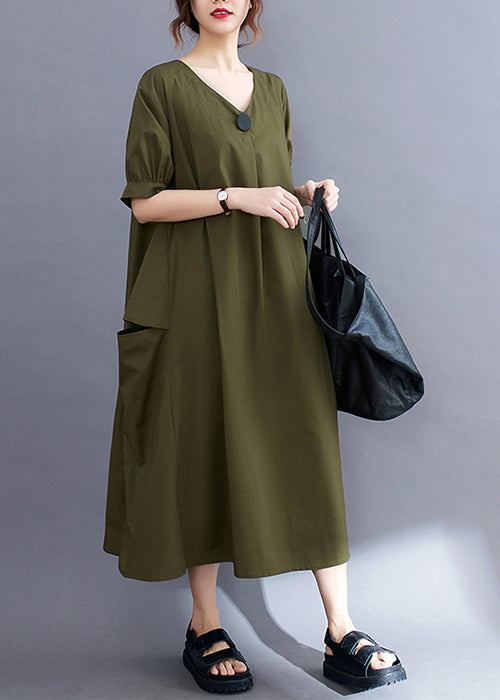 Style Army Green V Neck Pockets Cotton Maxi Dress Summer LY2367