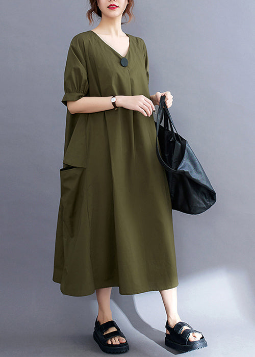 Style Army Green V Neck Pockets Cotton Maxi Dress Summer LY2367 - fabuloryshop