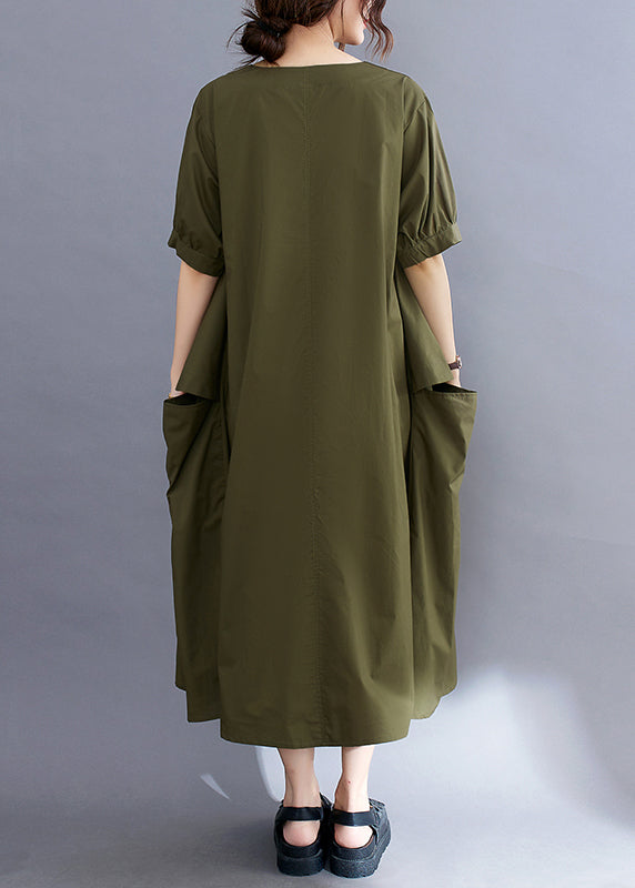 Style Army Green V Neck Pockets Cotton Maxi Dress Summer LY2367 - fabuloryshop