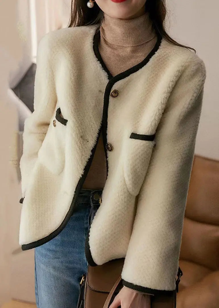 Style Beige O Neck Pockets Button Patchwork Wool Coats Winter Ada Fashion