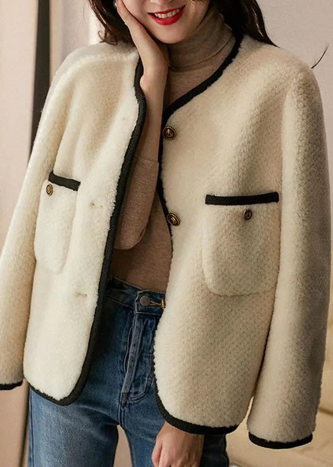 Style Beige O Neck Pockets Button Patchwork Wool Coats Winter Ada Fashion