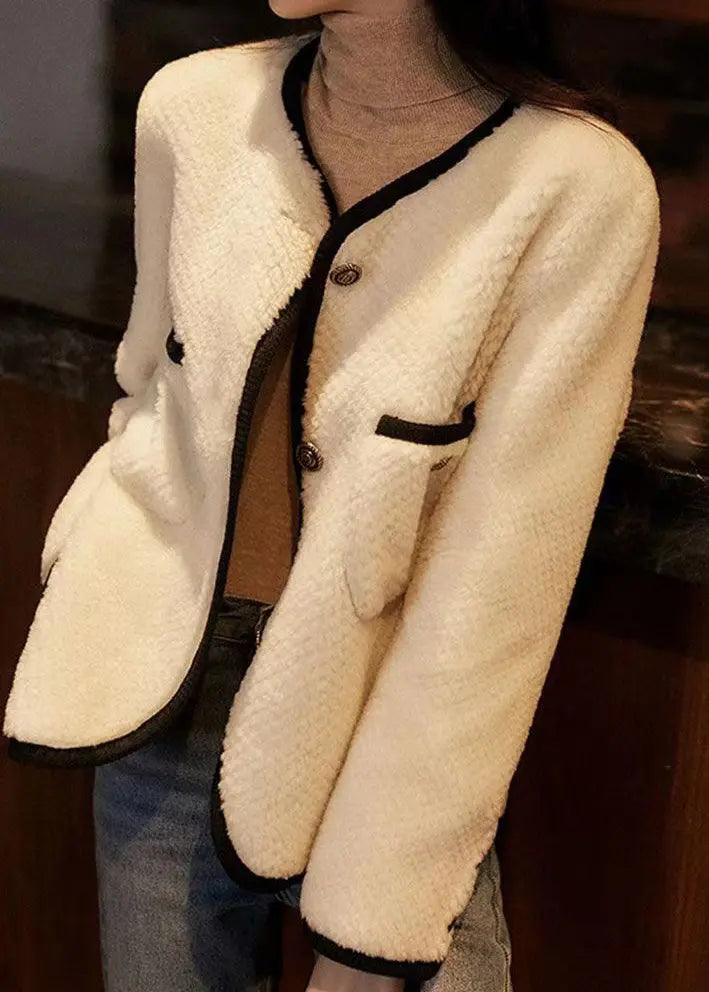 Style Beige O Neck Pockets Button Patchwork Wool Coats Winter Ada Fashion