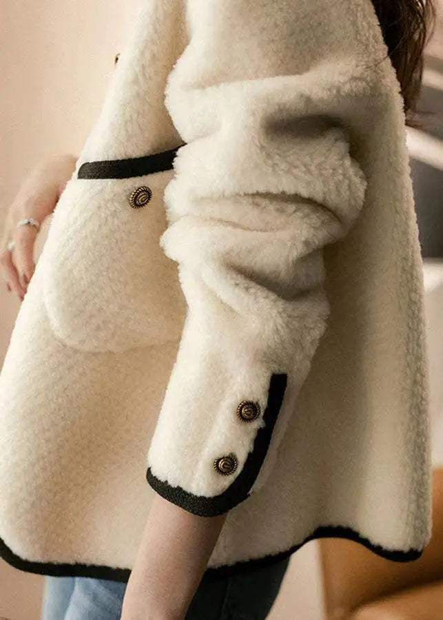 Style Beige O Neck Pockets Button Patchwork Wool Coats Winter Ada Fashion