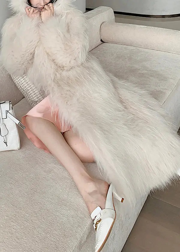 Style Beige Pockets Patchwork Hooded Fuzzy Fur Fluffy Coat Winter Ada Fashion