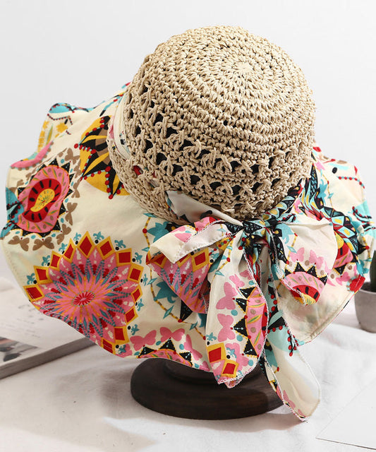 Style Beige Print Patchwork Bow Straw Woven Floppy Sun Hat LY530