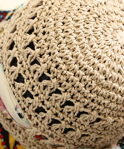 Style Beige Print Patchwork Bow Straw Woven Floppy Sun Hat LY530 - fabuloryshop