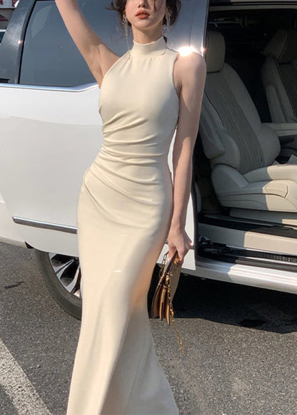 Style Beige Turtleneck Solid Slim Maxi Dress Summer LY2698 - fabuloryshop