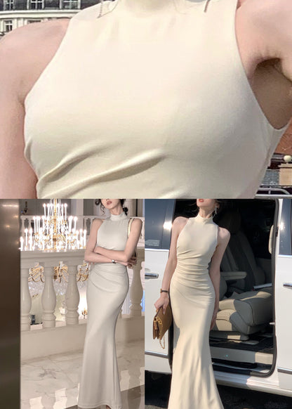 Style Beige Turtleneck Solid Slim Maxi Dress Summer LY2698 - fabuloryshop