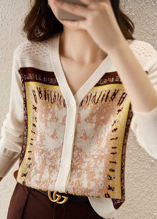 Style Beige V Neck Jacquard Knit Short Cardigans Long Sleeve LY0377 - fabuloryshop