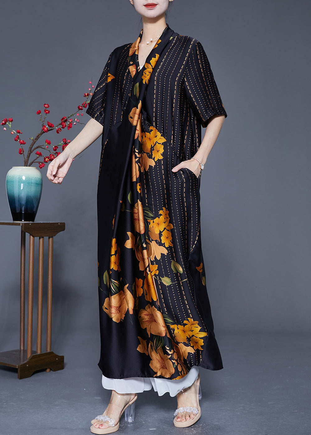 Style Black Asymmetrical Design Print Silk Long Dress Summer LY5547 - fabuloryshop